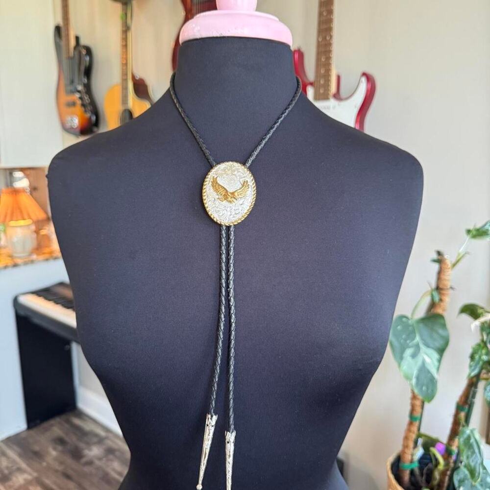 VINTAGE Crumrine Southwestern Two-Tone Soaring Eagle Bolo Tie